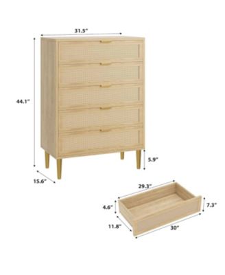 44-Inch Modern Boho Rattan 5-Drawer Dresser with Gold Legs and Handles, Anti-Tip Design for Bedroom and Living Room