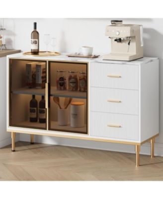 46.4" Fluted Buffet Sideboard Cabinet, Large Kitchen Storage with 2 Glass Doors, 3 Drawers & Shelves, Faux Marble Top Table