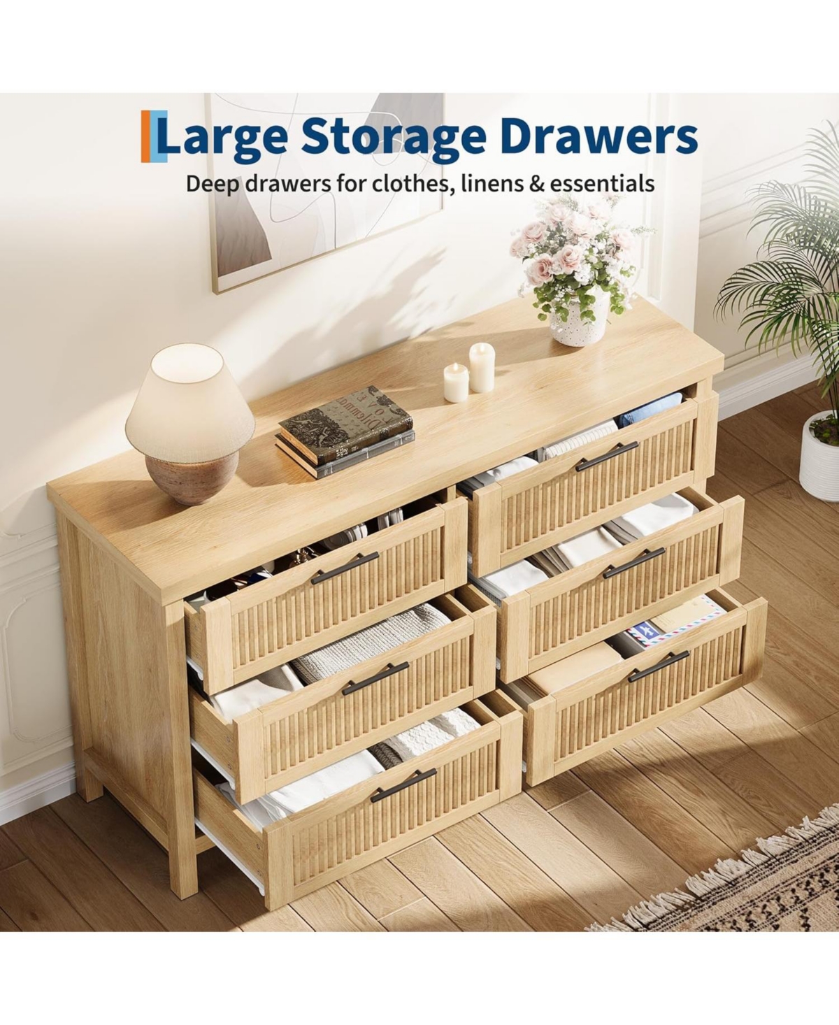 Gaomon Fluted 6-Drawer Bedroom Dresser, 47.4" Wide Mid-Century Modern Chest with Storage Cabinet & Large Drawers for Bedroom and Living Room