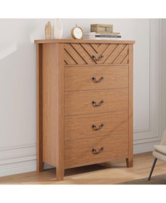 5-Drawer Chest of Drawers Nightstand with Elegant V-Shape Design, Wooden Organizer Bedroom Dresser