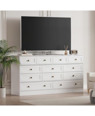 12-Drawer Wooden Bedroom Dresser, Wide Chest with Storage Organizer & TV Stand for 65" TV, Clothes Storage for Living Room, Hallway, 61"x15.75"