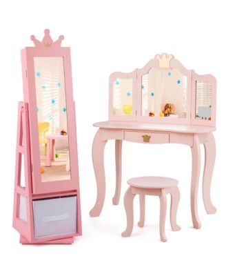 Kids Vanity Set Princess Makeup Dressing Table and Chair Set w/ Jewelry Armoire
