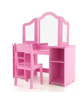 Kids Vanity 2 in 1 Princess Makeup Desk & Chair Set Safe Tri-fold Mirror