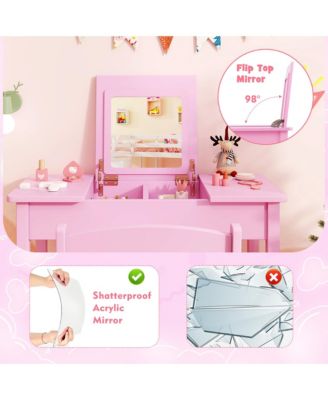 Kids Vanity Table & Chair Set 2-in-1 Princess Makeup Dressing Desk Set
