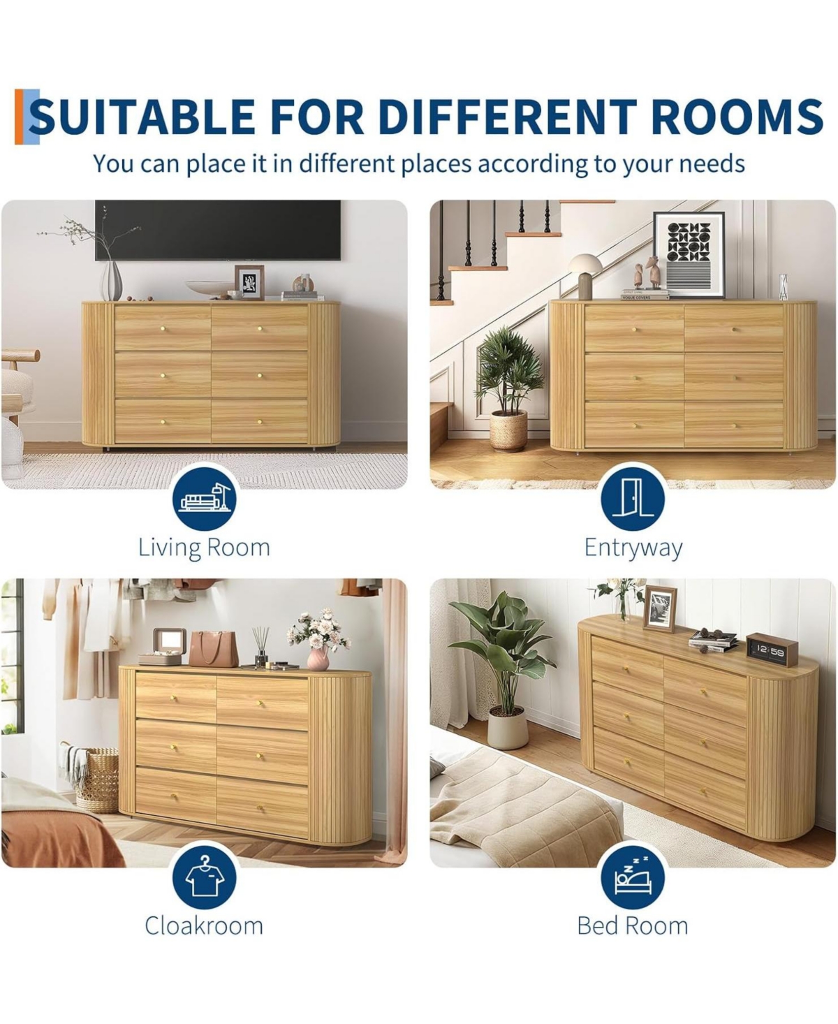 gaomon 60in Mid Century Wooden Dresser with 6 Drawers 2 Sliding Doors, Oak Fluted Storage Cabinet