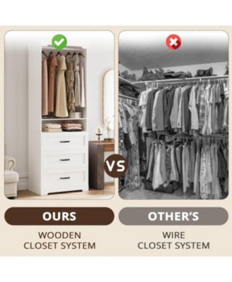 Freestanding Closet System with 3 Wood Drawers, Adjustable Shelves and Hanging Rod, White