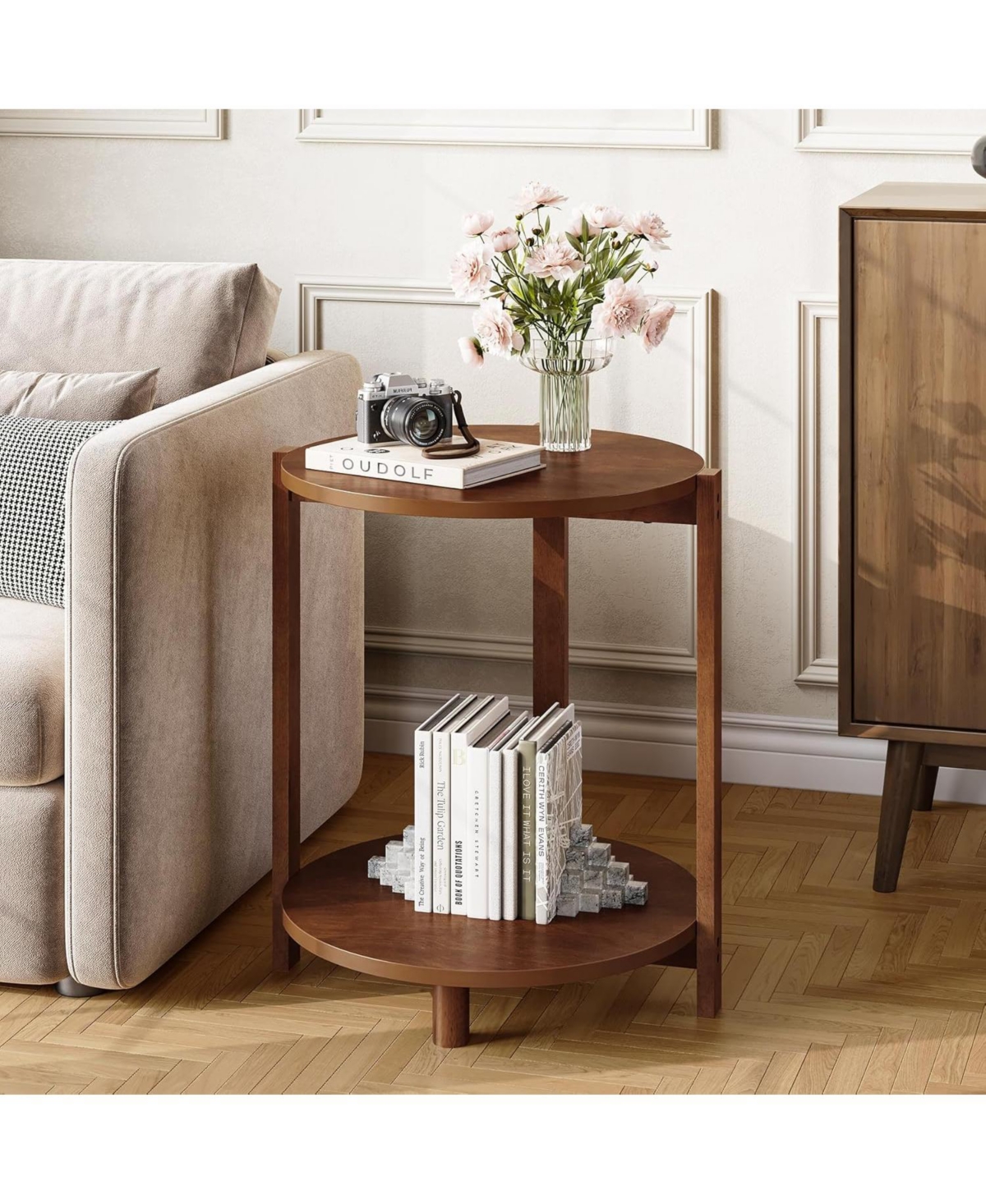 Tribesigns Solid Wood Side Table Set of 2, Small Round End Table with 2-Tier Storage