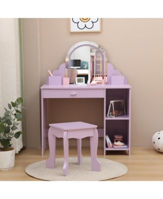 Kids Vanity with Lighted Mirror & Stool, Little Girls Vanity with Adjustable LED Light, Storage Drawer & Shelves for Girls 3-9