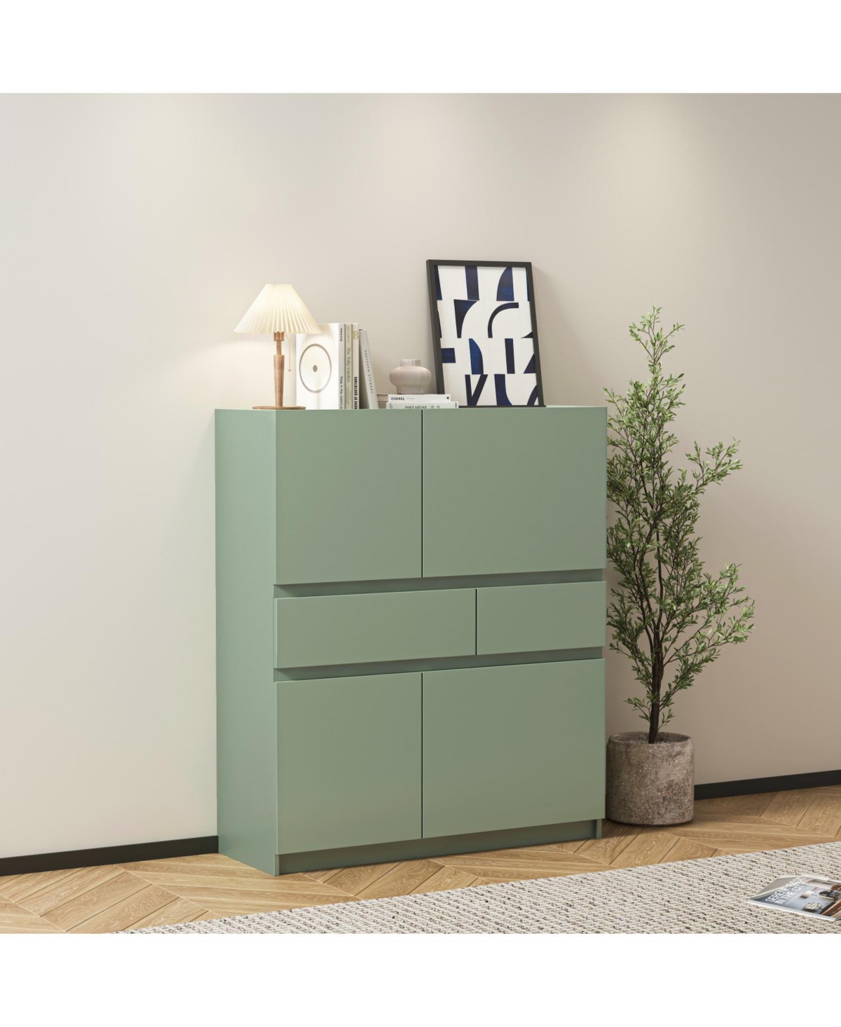 Streamdale Green wooden storage cabinet with 4 doors and 2 drawers