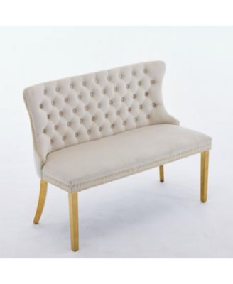 Velvet Dining Loveseat Bench, Tufted 2-Seat, Gold Legs, Mid Century Modern, Beige