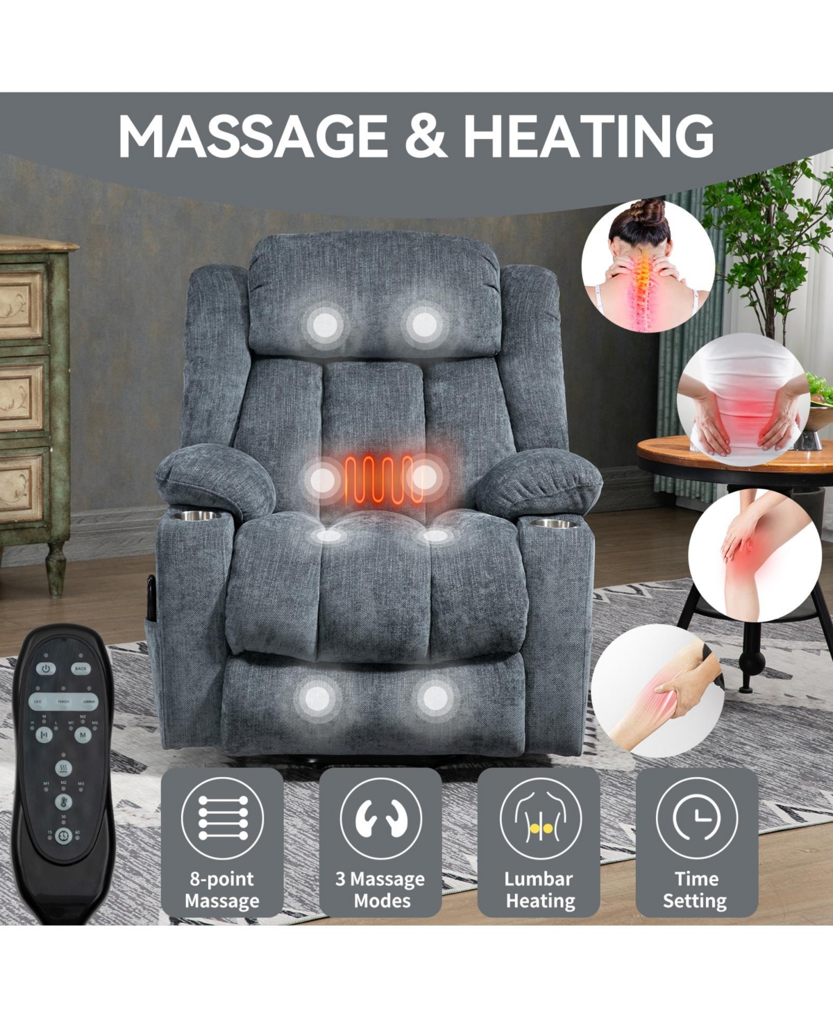 Streamdale Furniture Ultimate 350 Lb Chenille Recliner with Massage and Heat