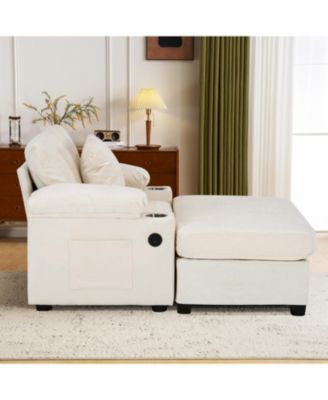 Oversized Chenille Chair with Ottoman USB & Cupholders