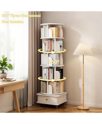 Rotating Bookshelf with Wheels & Drawer