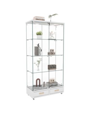 White Glass Display Cabinet w/ Drawers & LED Lights