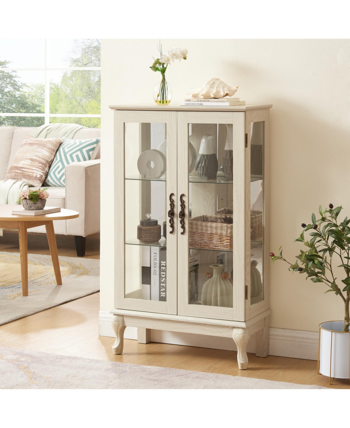 Streamdale Furniture Lighted Curio Cabinet with Glass Doors & Adjustable Shelves - White