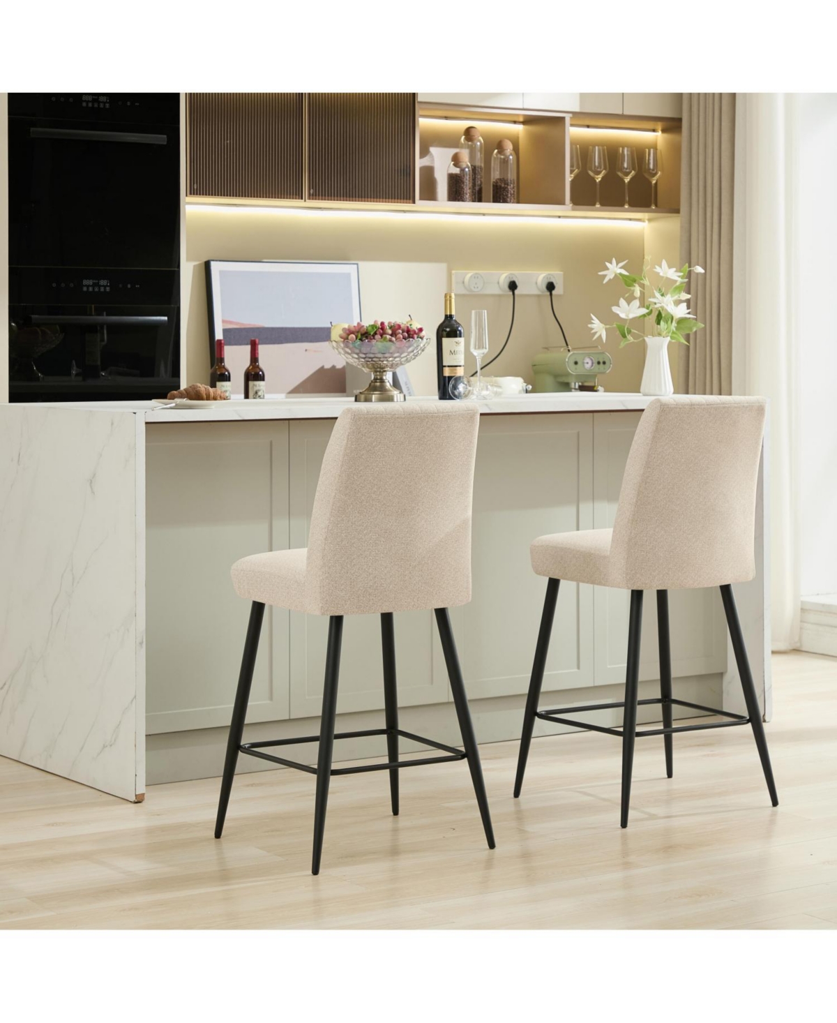 Streamdale Furniture Beige Velvet Bar Chairs Set of 2 Adjustable Iron Feet