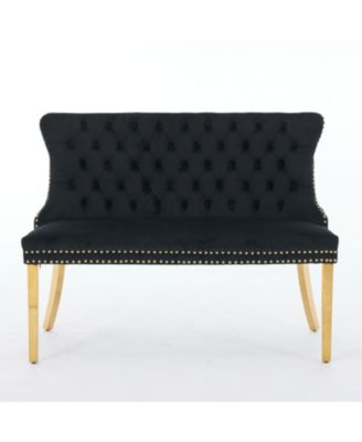  Velvet Dining Loveseat Bench, Tufted, Wing Back, Gold Legs, Black