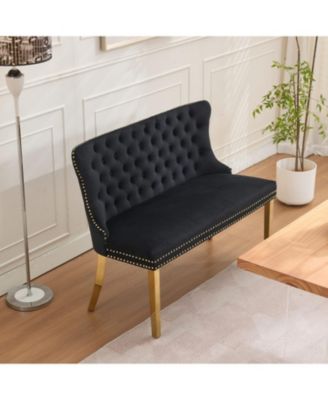  Velvet Dining Loveseat Bench, Tufted, Wing Back, Gold Legs, Black