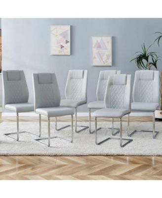 Faux Leather Cushioned Dining/Living Room Chairs, Metal Legs, Set of 6 (Light Gray)