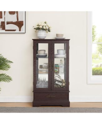 Lighted Glass Curio Cabinet - 2-Door Display, Drawer, Bulb