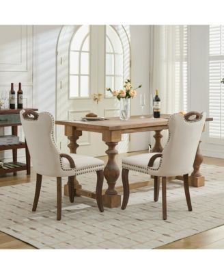 Streamdale Velvet Tufted Dining Chairs, Wood Handles & Legs, Copper Nails, Beige, Set of 2