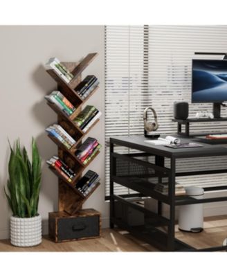 Rustic Brown 9-Tier Tree Bookshelf with Drawer