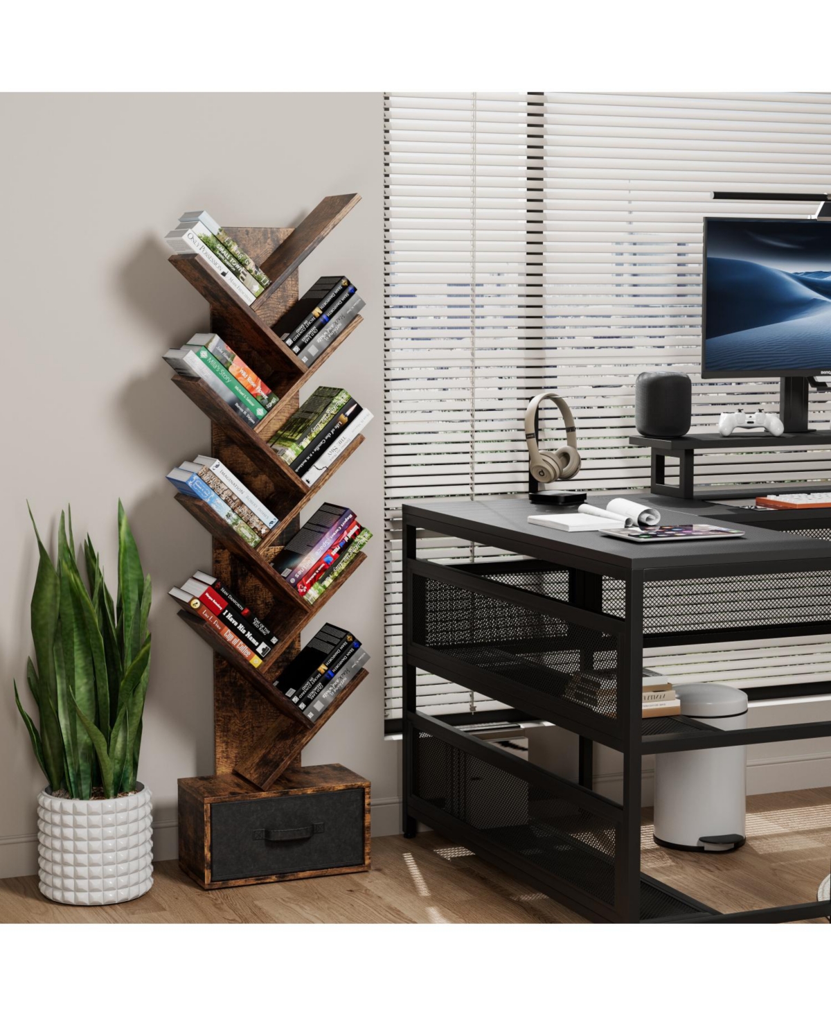 Streamdale Furniture Rustic Brown 9-Tier Tree Bookshelf with Drawer