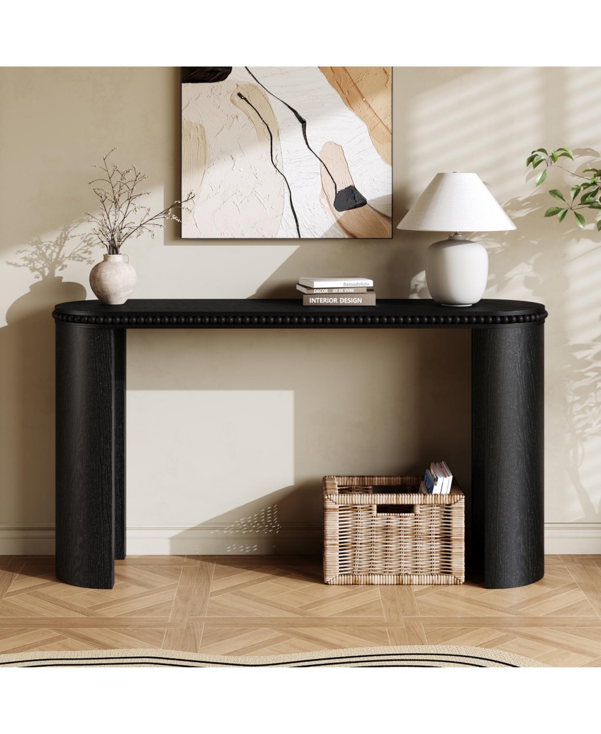 Streamdale Furniture Vintage Console Table - Beaded Trim, Reversible Legs, Natural Wood