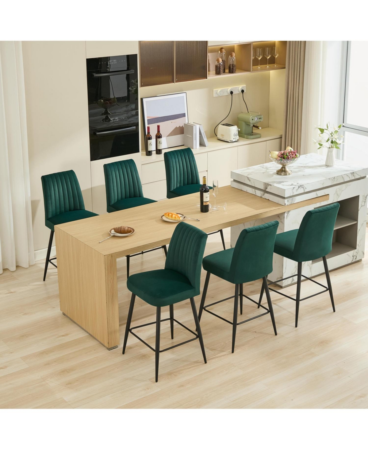 Streamdale Furniture Streamdale Velvet Green Bar Chairs Set of 2 Adjustable Iron Feet