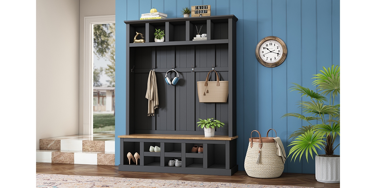 Farmhouse Hall Tree with Bench, Shoe Storage, Coat Rack