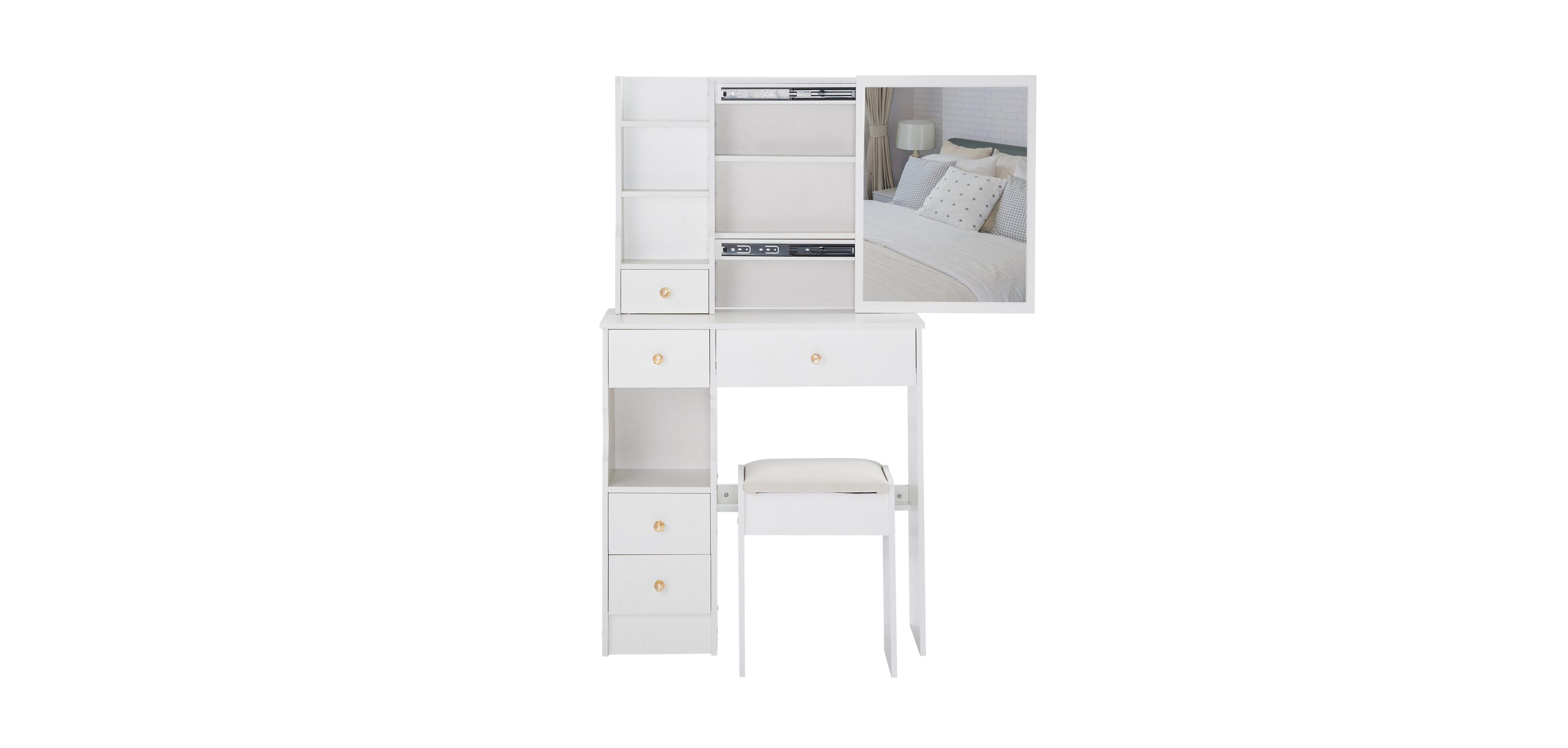 Streamdale Compact Vanity with Mirror and Stool, Multi-Layer Storage
