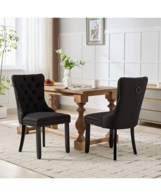 Nikki Tufted Linen Dining Chair Set (2), Modern & Contemporary, Black Upholstery, Black Wood Legs