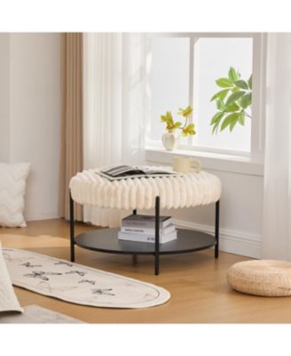 Upholstered Round Ottoman Coffee Table with Storage - Beige