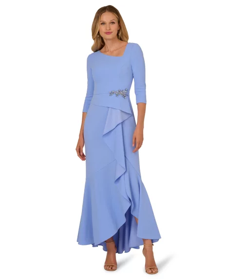 Petite Asymmetrical Beaded Crepe Gown - Electric Ice