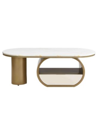Modern Oval Coffee Table w/ Storage & Faux Marble Top