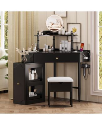 Streamdale Corner Vanity Desk Set, Cushioned Stool, Charging Station, Black