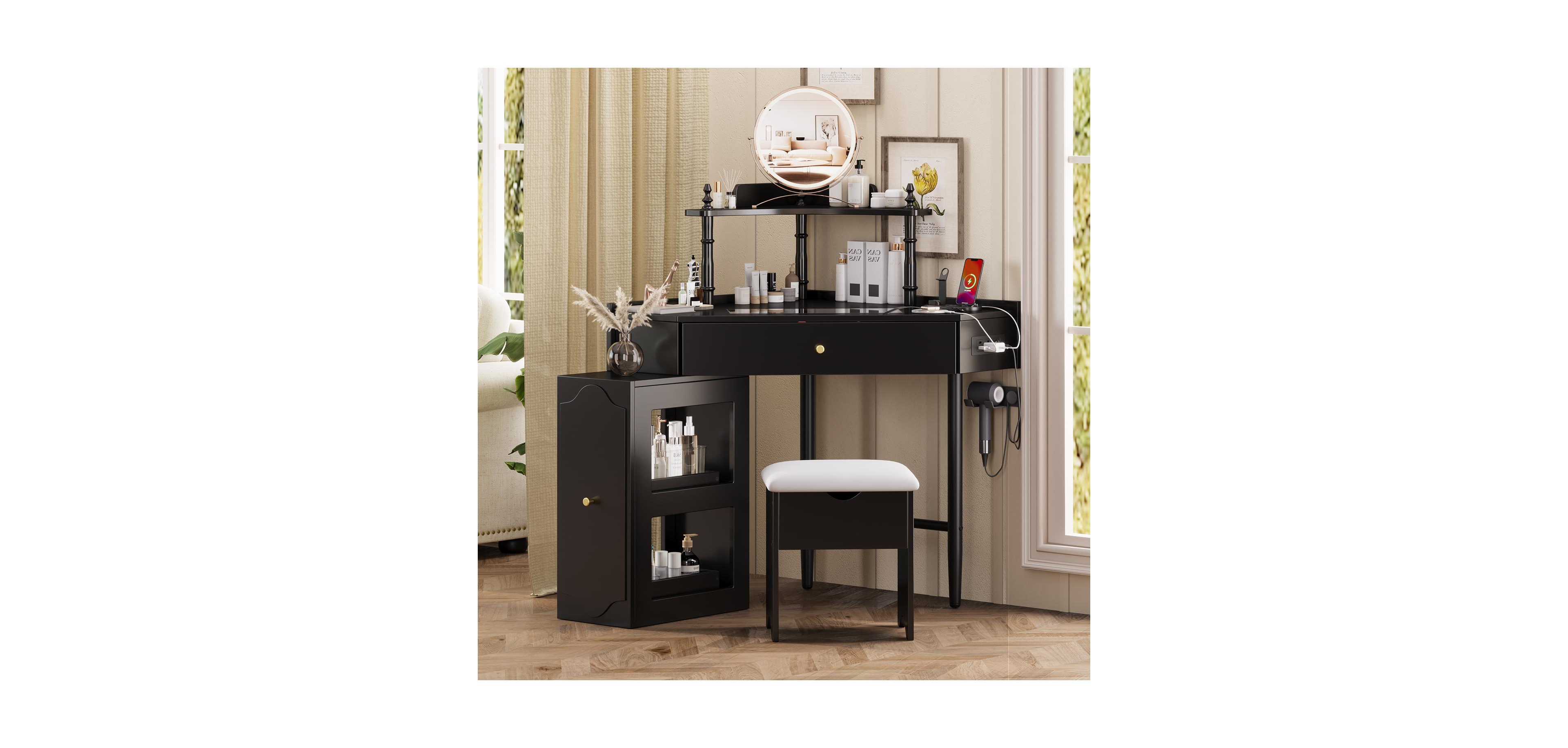 Streamdale Corner Vanity Desk Set, Cushioned Stool, Charging Station, Black