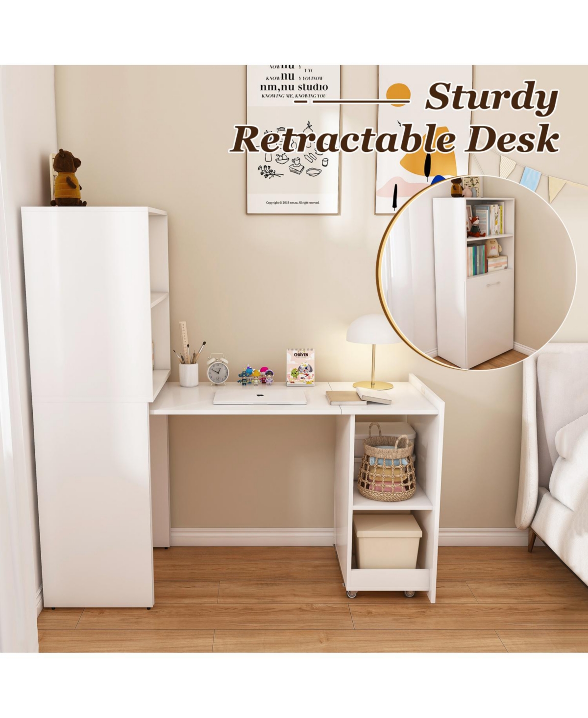 Streamdale Stretchable desk with storage shelves and wheels white