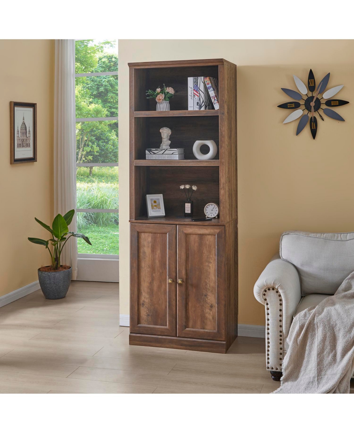 Streamdale Furniture 1 Doors Bookshelf with Usb Port and 3 Open Shelves Bookcase Side Cabinet Storage Shelves