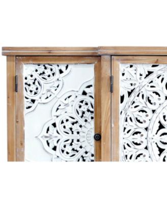 Hollow-Carved Accent Cabinet Distressed Wood Adjustable Shelves