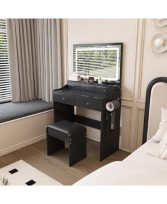 Modern Vanity Desk with Lighted Mirror & Power Outlet - Black