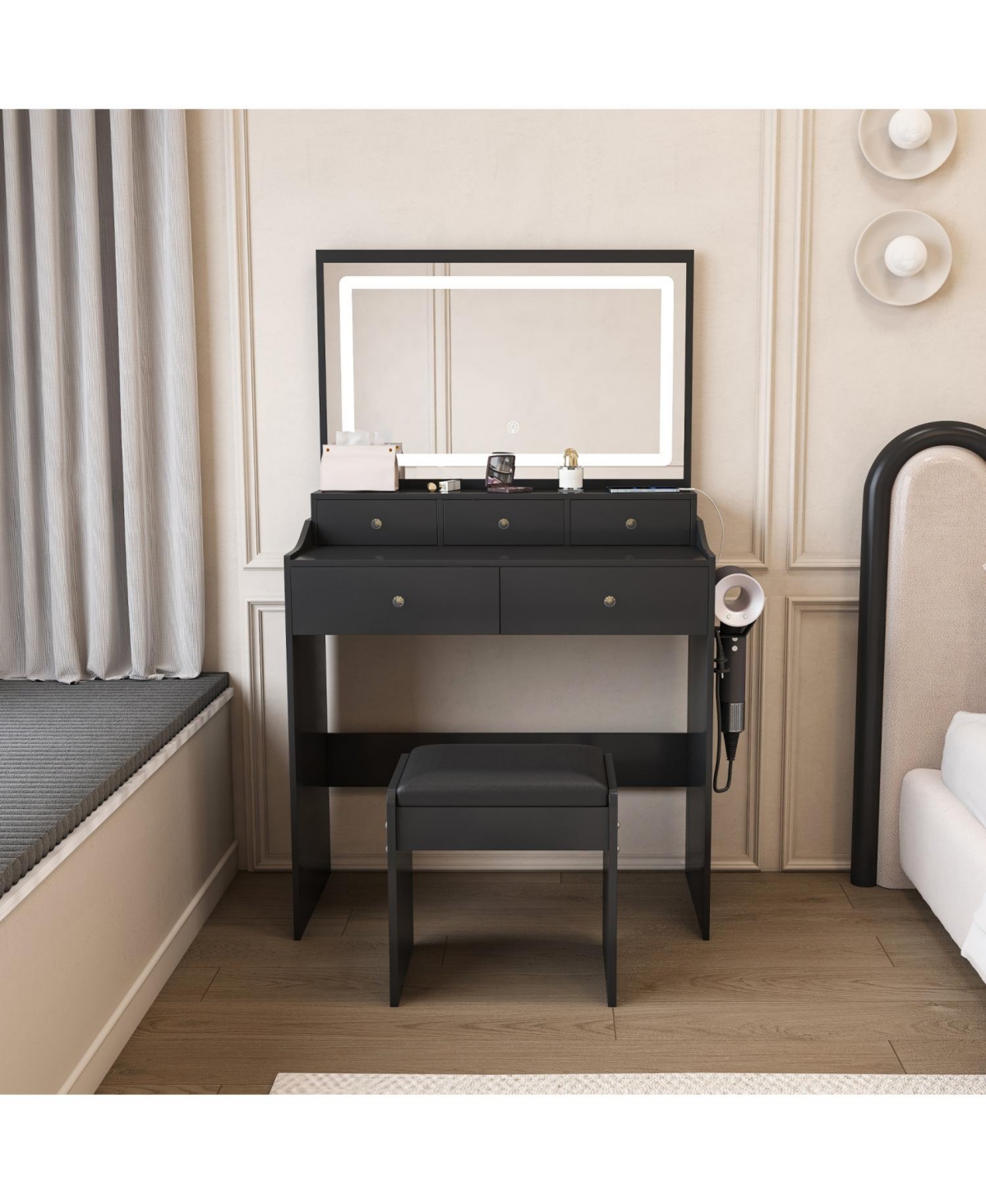 Streamdale Furniture Modern Vanity Desk with Lighted Mirror & Power Outlet - Black