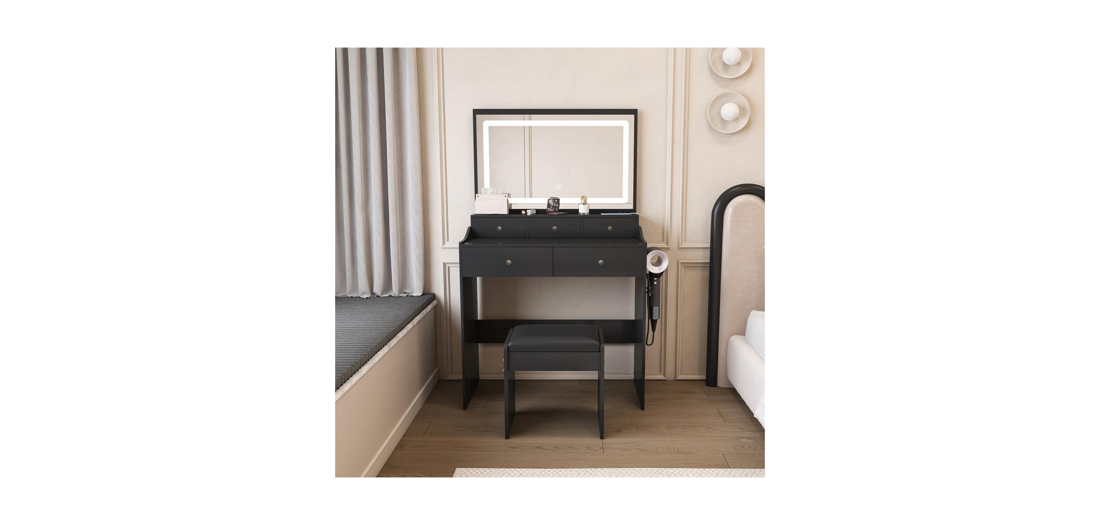 Streamdale Furniture Modern Vanity Desk with Lighted Mirror & Power Outlet - Black