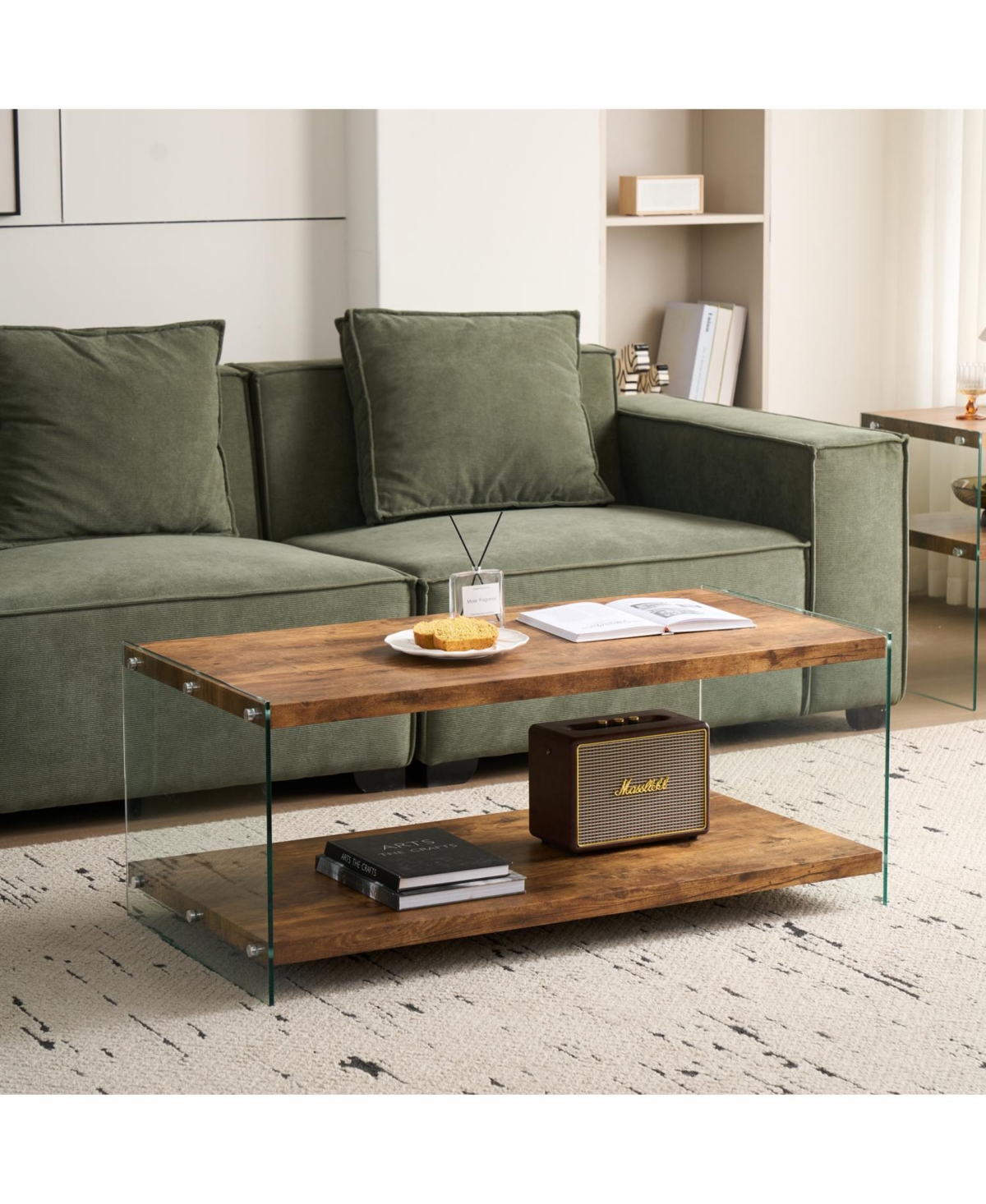 Streamdale Furniture Streamdale Mdf CoffeeTable, Small Tea Table, Walnut Tempered Glass Sofa Table