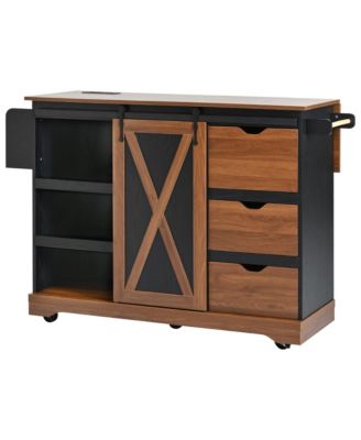Farmhouse Kitchen Island with Drop Leaf, Barn Door, Power, Rolling Cart