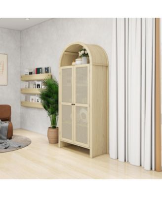 Arched Kitchen Pantry Cabinet with Rattan Door & Adjustable Shelves