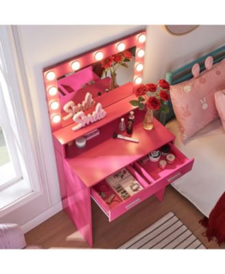 Rose Pink Vanity Desk with Lighted Mirror & Drawers