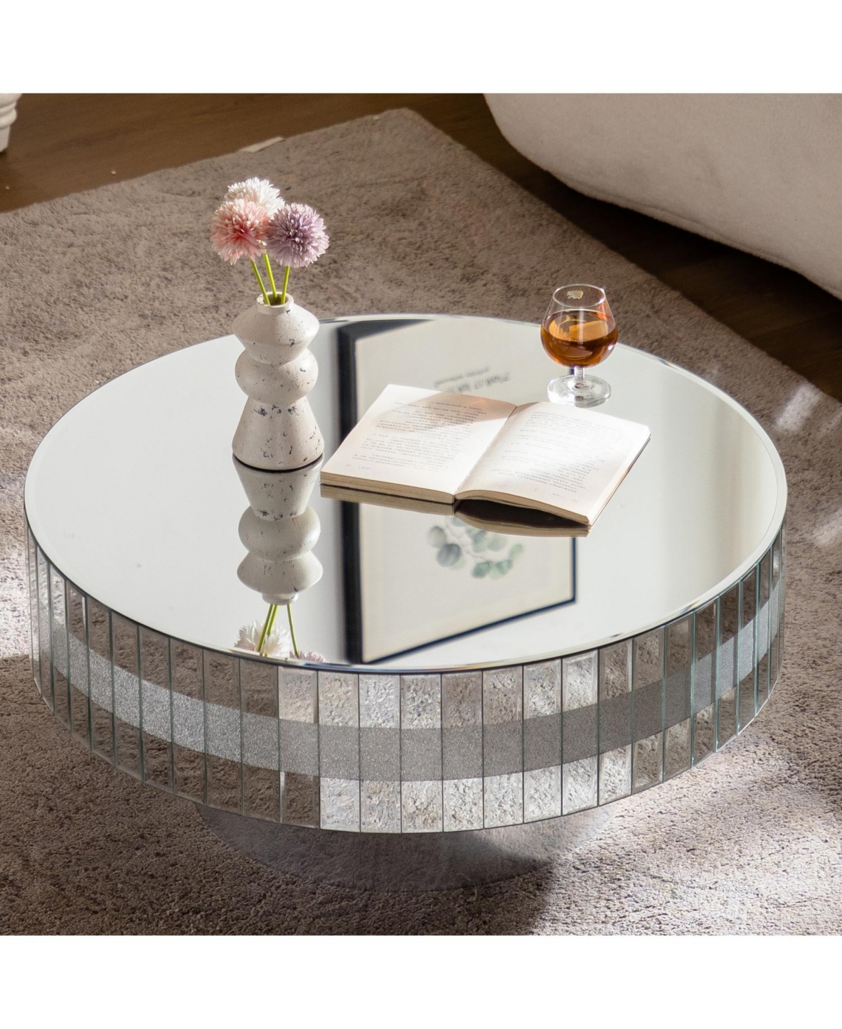 Streamdale Round Mirrored Coffee Table - Crushed Diamond & Crystal Edge