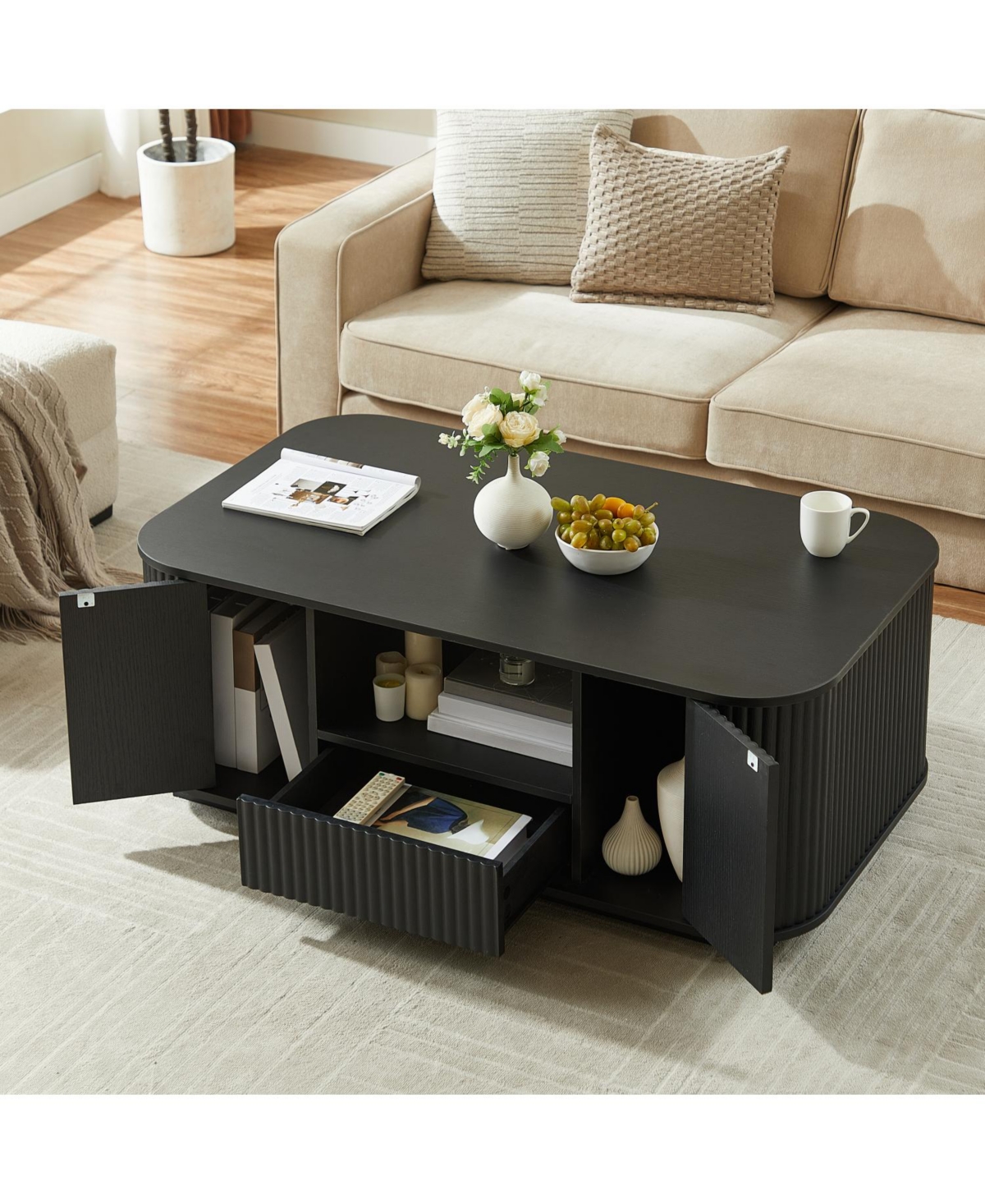 Streamdale Furniture Modern Oval Coffee Table with Drawers - Black