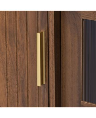 76" Modern Glass-Door TV Stand for 85" TVs, Wood-Grain Entertainment Center